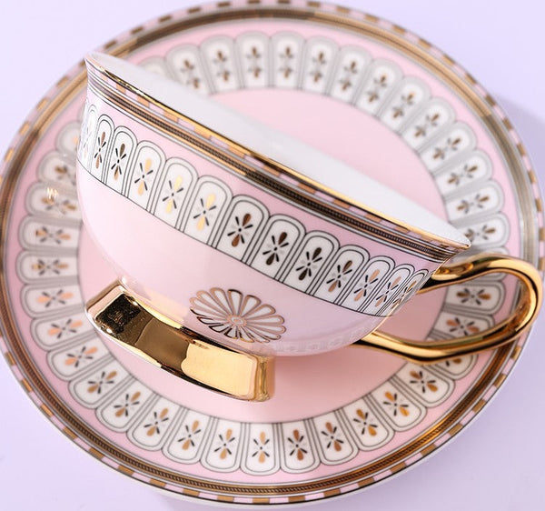 Royal Blue and Pink Bone China Porcelain Tea Cup Set, Tea Cups and Saucers in Gift Box, Elegant Ceramic Coffee Cups, Beautiful British Tea Cups-Art Painting Canvas