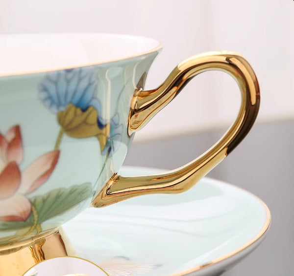 Unique British Tea Cup and Saucer in Gift Box, Lotus Flower Bone China Porcelain Tea Cup Set, Elegant British Ceramic Coffee Cups-Art Painting Canvas