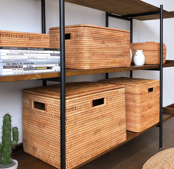 Rectangular Storage Basket with Lid, Woven Rattan Storage Basket for Shelves, Storage Baskets for Bedroom, Pantry Storage Baskets-Art Painting Canvas