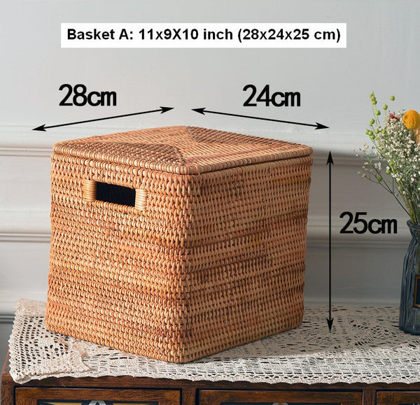 Rectangular Storage Basket with Lid, Woven Rattan Storage Basket for Shelves, Storage Baskets for Bedroom, Pantry Storage Baskets-Art Painting Canvas