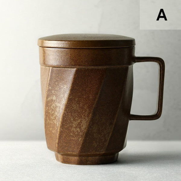 Creative Brown Green Blue Black Ceramic Coffee Mugs, Large Modern Handmade Pottery Coffee Cup, Large Unique Tea Cup, Large Capacity Coffee Mug with Cover-Art Painting Canvas