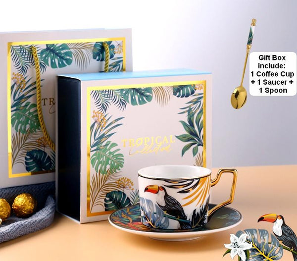 Elegant Tea Cups and Saucers, Jungle Toucan Pattern Porcelain Coffee Cups, Coffee Cups with Gold Trim and Gift Box-Art Painting Canvas