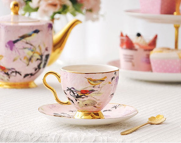 Elegant Pink Ceramic Coffee Cups, Unique Bird Flower Tea Cups and Saucers in Gift Box as Birthday Gift, Beautiful British Tea Cups, Royal Bone China Porcelain Tea Cup Set-Art Painting Canvas