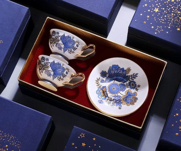 Unique Iris Flower Tea Cups and Saucers in Gift Box, Elegant Ceramic Coffee Cups, Afternoon British Tea Cups, Royal Bone China Porcelain Tea Cup Set-Art Painting Canvas