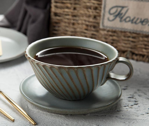 Gray Pottery Coffee Cups, Cappuccino Coffee Mug, Latte Coffee Cup, Breakfast Milk Cup, Ceramic Coffee Cup, Coffee Cup and Saucer Set-Art Painting Canvas