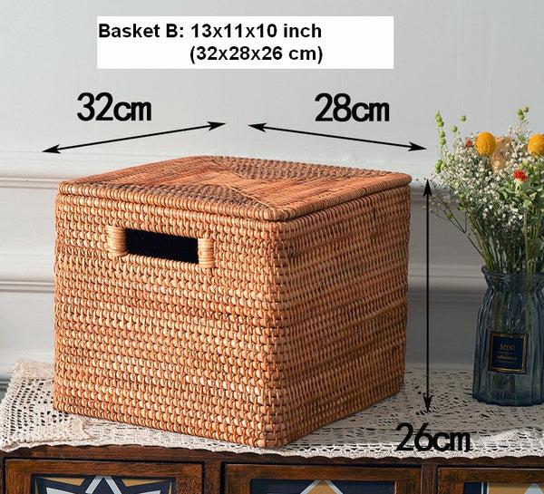 Rectangular Storage Basket with Lid, Woven Rattan Storage Basket for Shelves, Storage Baskets for Bedroom, Pantry Storage Baskets-Art Painting Canvas