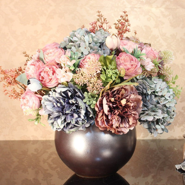 Unique Artificial Floral Arrangement for Dining Room, Large Bunch of Autumn Flowers Arrangement Interior Design, Peony Faux Silk Floral Bouquet Table Centerpiece-Art Painting Canvas