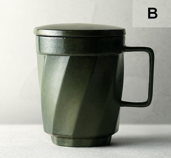 Creative Brown Green Blue Black Ceramic Coffee Mugs, Large Modern Handmade Pottery Coffee Cup, Large Unique Tea Cup, Large Capacity Coffee Mug with Cover-Art Painting Canvas