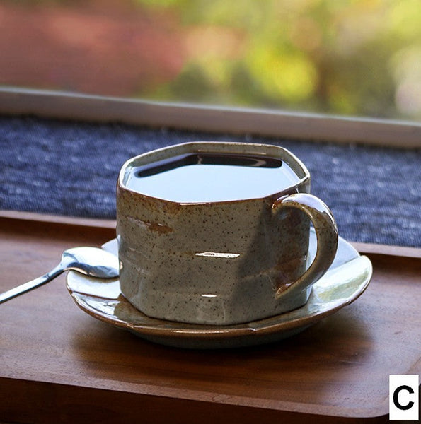 Modern Handmade Pottery Coffee Cup, Creative Ceramic Coffee Cup with Saucer, Unique Tea Cup and Saucer, Tea Cup Set for Afternoon Tea-Art Painting Canvas