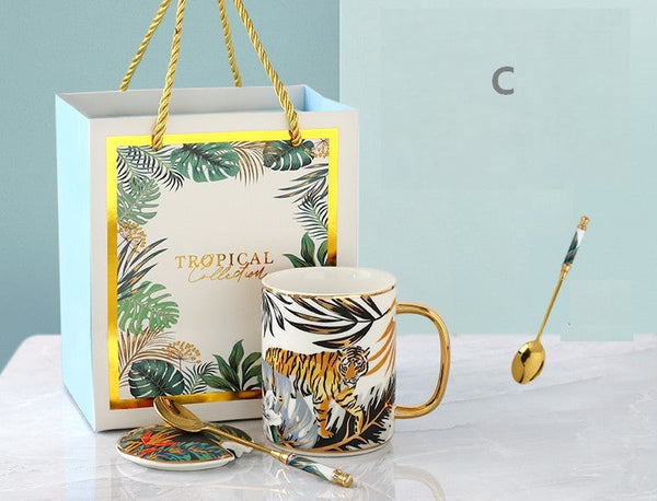 Unique Ceramic Mugs in Gift Box, Creative Porcelain Cups, Large Capacity Jungle Animal Porcelain Mugs, Large Ceramic Mugs for Office-Art Painting Canvas