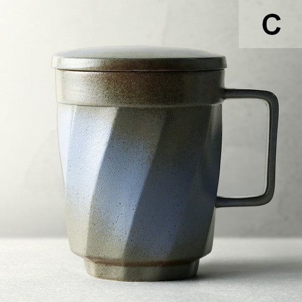 Creative Brown Green Blue Black Ceramic Coffee Mugs, Large Modern Handmade Pottery Coffee Cup, Large Unique Tea Cup, Large Capacity Coffee Mug with Cover-Art Painting Canvas