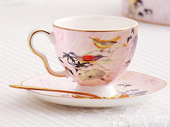 Elegant Pink Ceramic Coffee Cups, Unique Bird Flower Tea Cups and Saucers in Gift Box as Birthday Gift, Beautiful British Tea Cups, Royal Bone China Porcelain Tea Cup Set-Art Painting Canvas