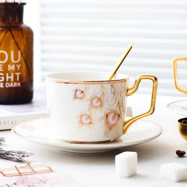 Peacock Tail Pattern Porcelain Coffee Cups, British Tea Cups, Coffee Cups with Gold Trim and Gift Box, Tea Cups and Saucers-Art Painting Canvas