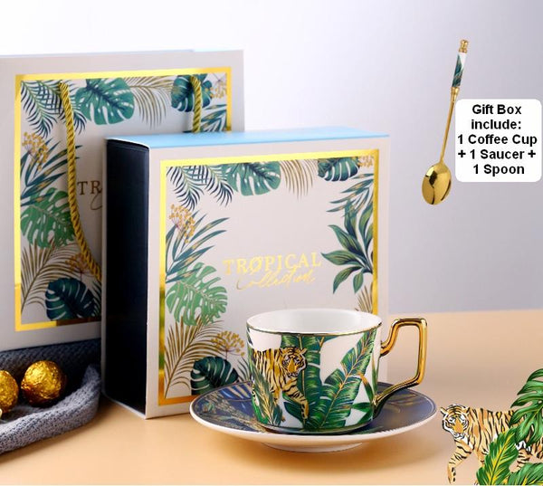 Coffee Cups with Gold Trim and Gift Box, Jungle Leopard Pattern Porcelain Coffee Cups, Tea Cups and Saucers-Art Painting Canvas