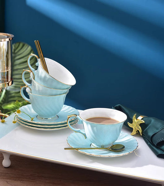 Elegant British Tea Cup and Saucer in Gift Box, Blue Bone China Porcelain Tea Cup Set, Unique British Ceramic Coffee Cups for Afternoon Tea-Art Painting Canvas