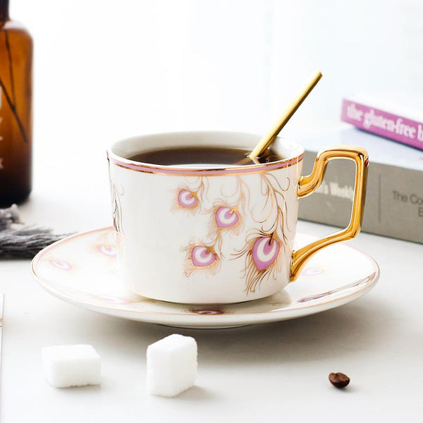 Peacock Tail Pattern Porcelain Coffee Cups, British Tea Cups, Coffee Cups with Gold Trim and Gift Box, Tea Cups and Saucers-Art Painting Canvas