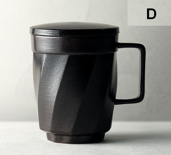 Large Modern Handmade Pottery Coffee Cup, Creative Brown Green Blue Black Ceramic Coffee Mugs, Large Unique Tea Cup, Large Capacity Coffee Mug with Cover-Art Painting Canvas