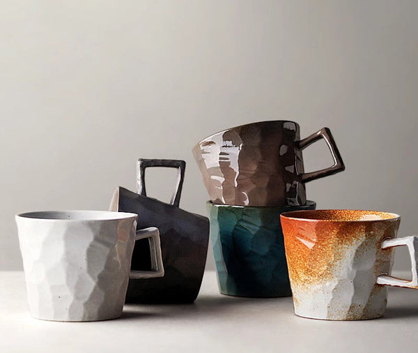 Large Capacity Coffee Cups, Modern Handmade Pottery Coffee Cup, Large Unique Tea Cup, Creative Brown White Black Blue Ceramic Coffee Mugs-Art Painting Canvas