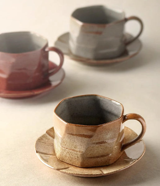 Modern Handmade Pottery Coffee Cup, Creative Ceramic Coffee Cup with Saucer, Unique Tea Cup and Saucer, Tea Cup Set for Afternoon Tea-Art Painting Canvas