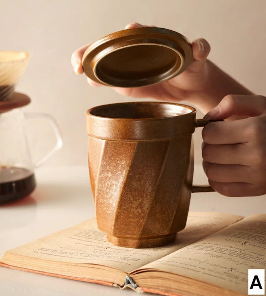 Unique Tea Cup, Large Capacity Coffee Mug with Cover, Large Modern Handmade Pottery Coffee Cup, Creative Brown Green Blue Black Ceramic Coffee Mugs-Art Painting Canvas