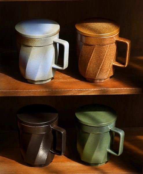 Creative Brown Green Blue Black Ceramic Coffee Mugs, Large Modern Handmade Pottery Coffee Cup, Large Unique Tea Cup, Large Capacity Coffee Mug with Cover-Art Painting Canvas