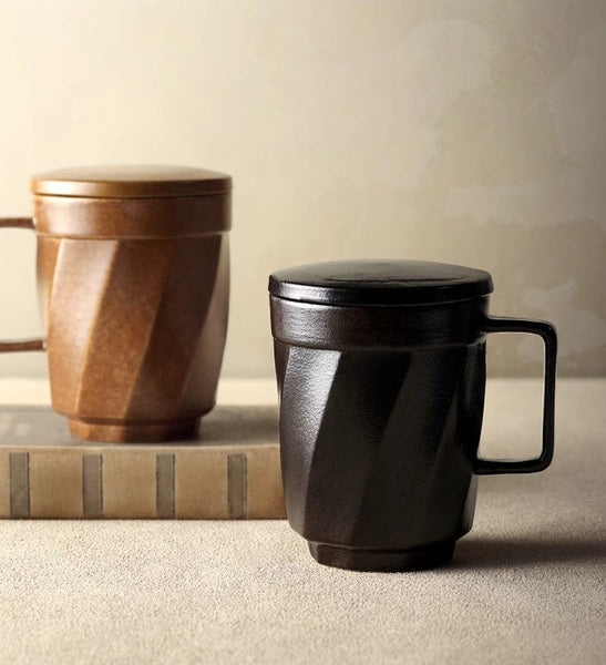 Unique Tea Cup, Large Capacity Coffee Mug with Cover, Large Modern Handmade Pottery Coffee Cup, Creative Brown Green Blue Black Ceramic Coffee Mugs-Art Painting Canvas