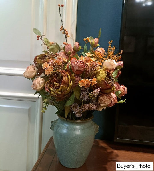 Large Faux Silk Floral Bouquet, Beautiful Peony Rose Flowers Arrangement Interior Design, Modern Artificial Floral Arrangement for Living Room-Art Painting Canvas