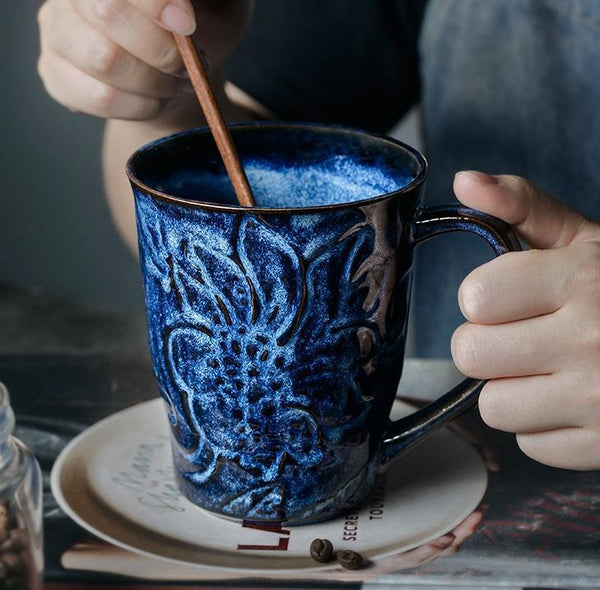 Green Ceramic Coffee Mug, Birthday Gifts, Stoneware Coffee Mugs, Handmade Pottery Coffee Mug, Large Capacity Coffee Cups-Art Painting Canvas