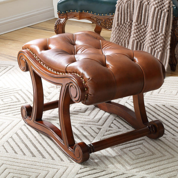 Vintage Leather Stool, Genuine Leather Solid Wood Entry Bench, Cherry Wood Footstool, Long Bench, Vanity Stool, Dressing Table Stool-Art Painting Canvas