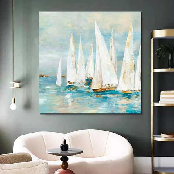 Sail Boat Painting, Hand Painted Abstract Painting, Abstract Landscape Painting, Extra Large Abstract Paintings on Canvas, Bedroom Wall Art Ideas-Art Painting Canvas