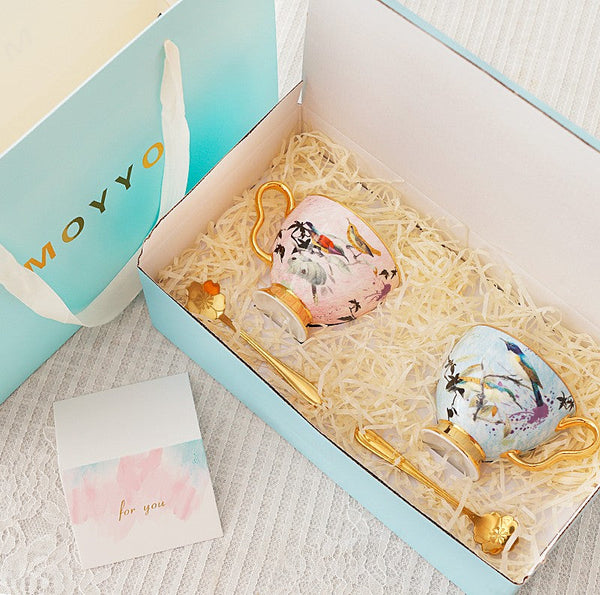Unique Bird Flower Tea Cups and Saucers in Gift Box as Birthday Gift, Elegant Ceramic Coffee Cups, Afternoon British Tea Cups, Royal Bone China Porcelain Tea Cup Set-Art Painting Canvas