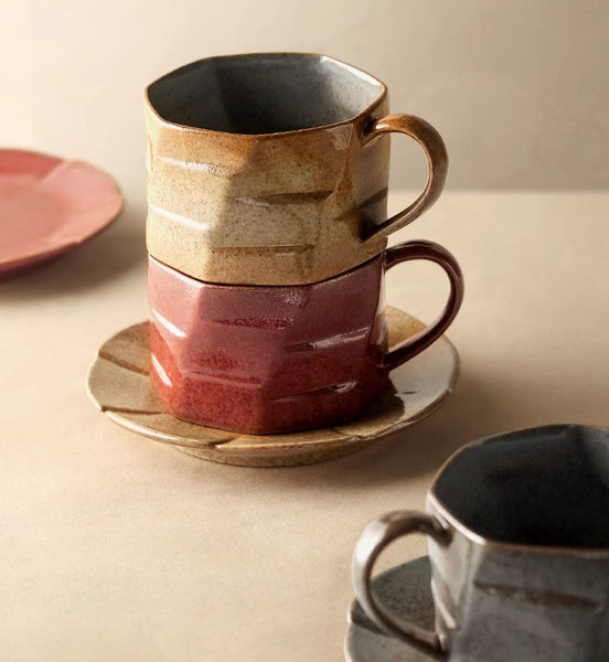Modern Handmade Pottery Coffee Cup, Creative Ceramic Coffee Cup with Saucer, Unique Tea Cup and Saucer, Tea Cup Set for Afternoon Tea-Art Painting Canvas