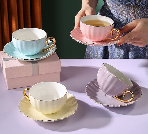 Macaroon Ceramic Coffee Cups, Unique Tea Cups and Saucers in Gift Box as Birthday Gift, Beautiful Elegant British Tea Cups, Creative Bone China Porcelain Tea Cup Set-Art Painting Canvas