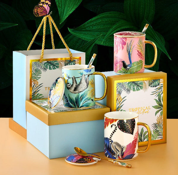 Modern Ceramic Mugs in Gift Box, Large Capacity Jungle Animal Porcelain Mugs, Creative Porcelain Cups, Large Ceramic Mugs for Office-Art Painting Canvas
