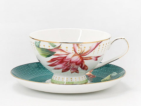Lotus Flower Bone China Porcelain Tea Cup Set, Elegant Ceramic Coffee Cups, Beautiful British Tea Cups, Traditional English Tea Cups and Saucers-Art Painting Canvas