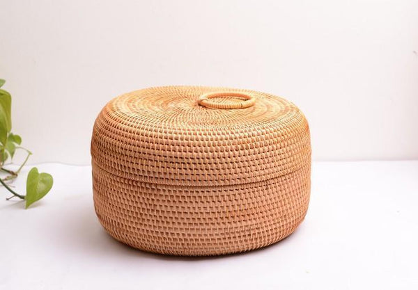 Woven Storage Basket with Lid, Lovely Rattan Basket for Kitchen, Storage Basket for Dining Room, Woven Round Baskets-Art Painting Canvas