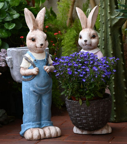 Large Rabbit Lovers Statue for Garden, Bunny Flowerpot, Garden Courtyard Ornament, Villa Outdoor Decor Gardening Ideas, Modern Garden Sculptures-Art Painting Canvas