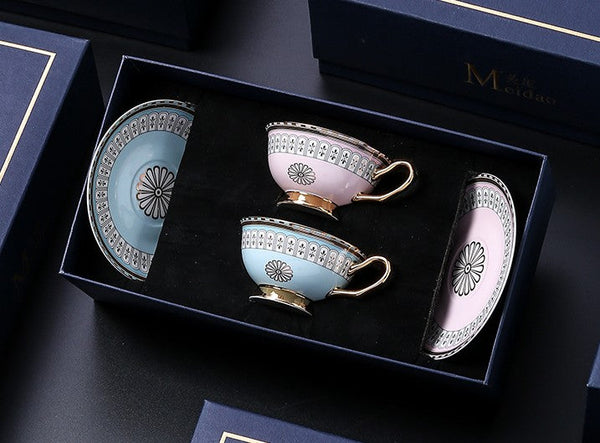 Royal Blue and Pink Bone China Porcelain Tea Cup Set, Tea Cups and Saucers in Gift Box, Elegant Ceramic Coffee Cups, Beautiful British Tea Cups-Art Painting Canvas