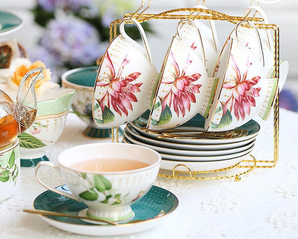 Lotus Flower Bone China Porcelain Tea Cup Set, Elegant Ceramic Coffee Cups, Beautiful British Tea Cups, Traditional English Tea Cups and Saucers-Art Painting Canvas