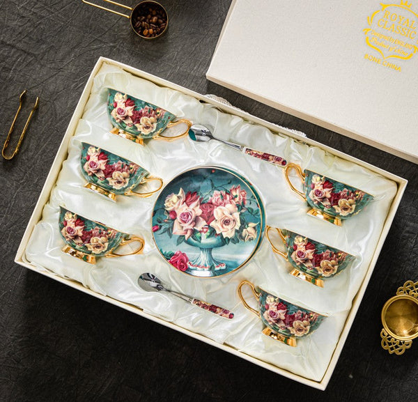 Rose Royal Ceramic Cups, Elegant Flower Ceramic Coffee Cups, Afternoon Bone China Porcelain Tea Cup Set, Unique Tea Cups and Saucers in Gift Box-Art Painting Canvas