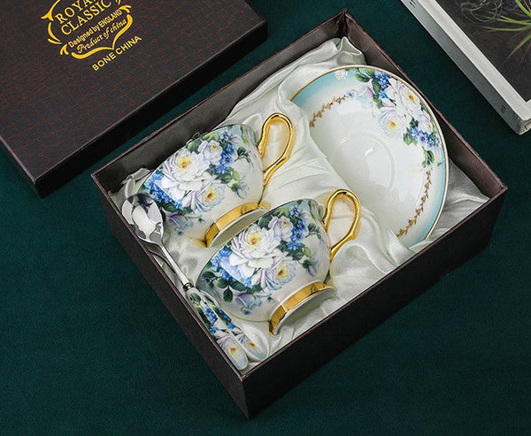 Royal Bone China Porcelain Tea Cup Set, Rose Flower Pattern Ceramic Cups, Elegant British Ceramic Coffee Cups, Unique Tea Cup and Saucer in Gift Box-Art Painting Canvas