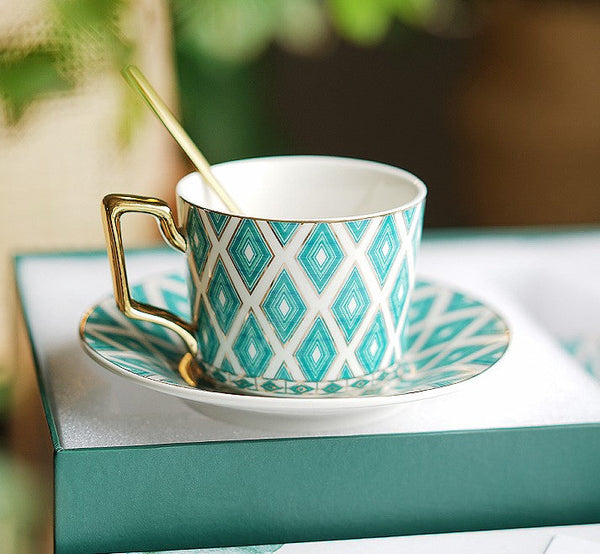 Afternoon Green British Tea Cups, Unique Ceramic Coffee Cups, Creative Bone China Porcelain Tea Cup Set, Traditional English Tea Cups and Saucers-Art Painting Canvas