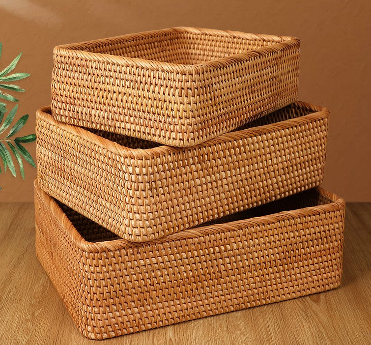 Rectangular Storage Baskets for Pantry, Rattan Storage Basket for