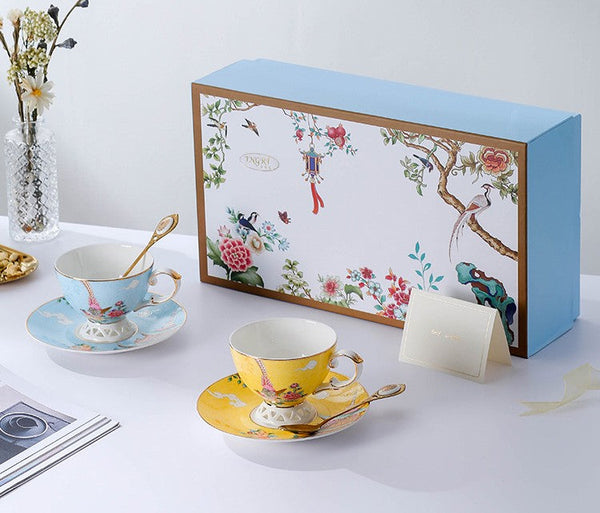 Beautiful Bird Pattern Tea Cups, Creative Bone China Porcelain Tea Cup Set, Elegant Oriental Pheasant Ceramic Cups and Saucers in Gift Box-Art Painting Canvas
