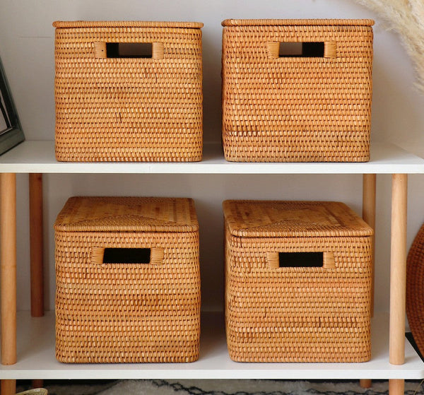 Laundry Storage Baskets for Bathroom, Rectangular Storage Baskets for Clothes, Wicker Storage Baskets for Shelves, Rattan Storage Baskets for Kitchen, Storage Basket with Lid-Art Painting Canvas