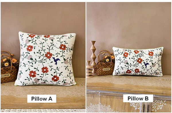 Bird Spring Flower Decorative Throw Pillows, Farmhouse Sofa Decorative Pillows, Embroider Flower Cotton Pillow Covers, Flower Decorative Throw Pillows for Couch-Art Painting Canvas