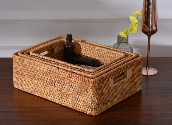 Woven Rectangular Basket with Handle, Rattan Storage Basket for Shelves, Woven Storage Baskets for Bathroom-Art Painting Canvas