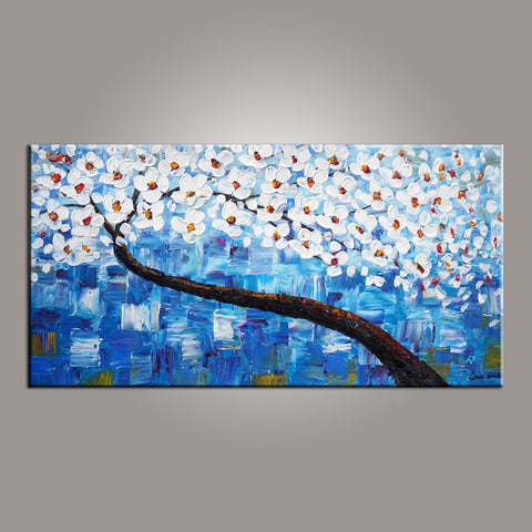 Canvas Art, Blue Flower Tree Painting, Abstract Painting, Painting on Sale, Dining Room Wall Art, Art on Canvas, Modern Art, Contemporary Art-Art Painting Canvas