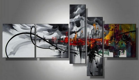 Cityscape Art, Black Wall Art, Huge Wall Art, Acrylic Art, 5 Piece Wall Painting, Hand Painted Art, Group Painting-Art Painting Canvas
