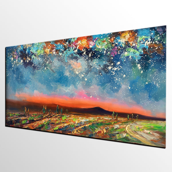 Starry Night Sky Painting, Custom Landscape Painting, Canvas Painting for Bedroom-Art Painting Canvas